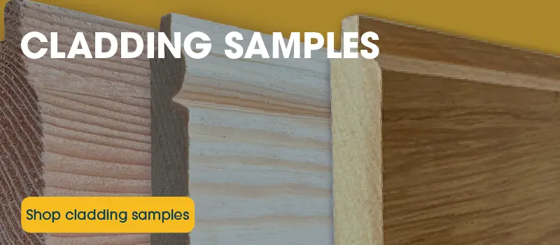 Shop cladding samples Three pieces if timber machined to different cladfing profiles with a yellow button saying Shop cladding samples