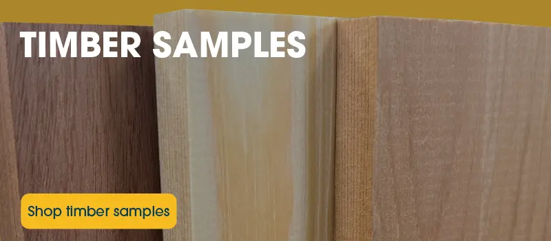 Shop timber samples Three pieces of wood with a yellow button saying Shop timber samples