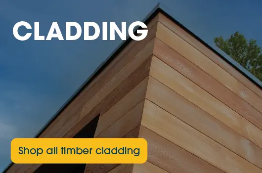 Shop all timber cladding Corner of a building with timber cladding and a yellow button to Shop all timber cladding